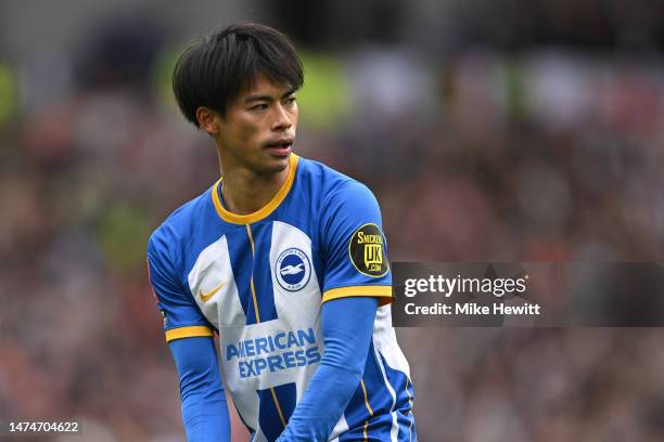 Kaoru Mitoma of Brighton & Hove Albion looks on during the Emirates FA Cup Quarter Final between Brighton & Hove Albion and Grimsby Town at Amex...