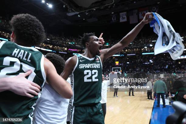 Mady Sissoko of the Michigan State Spartans celebrates after defeating the Marquette Golden Eagles in the second round game of the NCAA Men's...