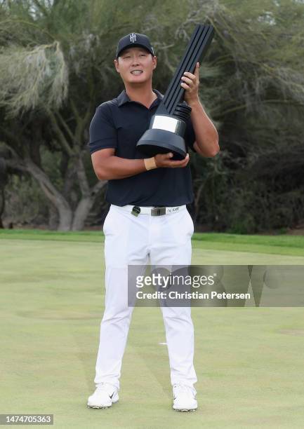 Overall individual winner, Danny Lee of Iron Heads GC poses with the trophy during Day Three of the LIV Golf Invitational - Tucson at The Gallery...