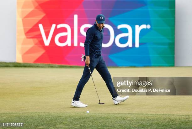 Jordan Spieth of the United States stands on the 18th green during the final round of the Valspar Championship at Innisbrook Resort and Golf Club on...