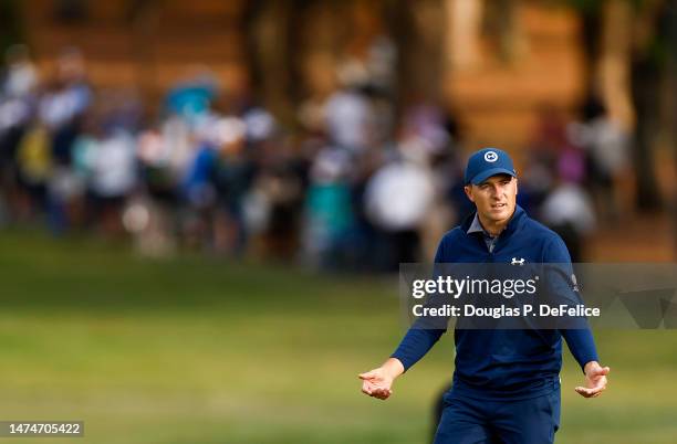 Jordan Spieth of the United States reacts on the 18th fairway during the final round of the Valspar Championship at Innisbrook Resort and Golf Club...