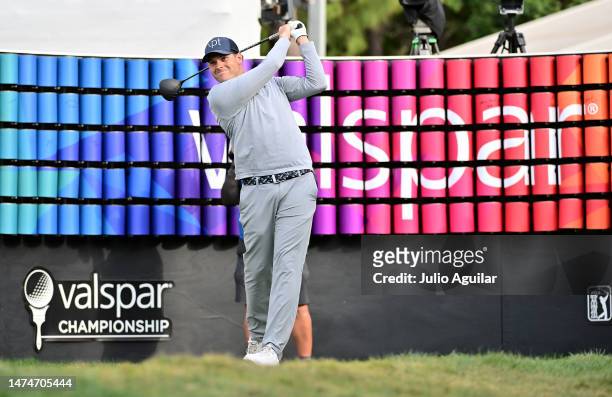 Adam Schenk of the United States plays his shot from the 18th tee during the final round of the Valspar Championship at Innisbrook Resort and Golf...