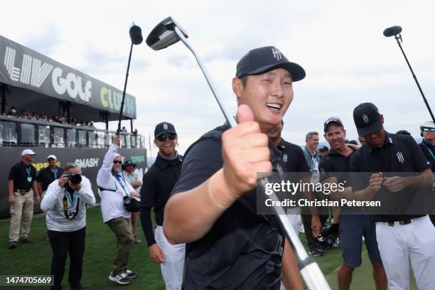 Overall individual winner; Danny Lee of Iron Heads GC celebrates winning the LIV Golf Invitational - Tucson at The Gallery Golf Club on March 19,...