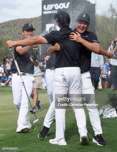 Overall individual winner; Danny Lee of Iron Heads GC celebrates with teammates after winning the LIV Golf Invitational - Tucson at The Gallery Golf...