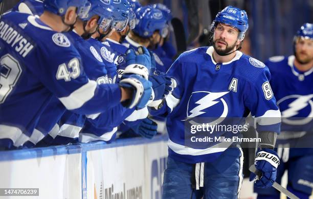 Nikita Kucherov of the Tampa Bay Lightning celebrates a goal during a game against the New Jersey Devils at Amalie Arena on March 19, 2023 in Tampa,...