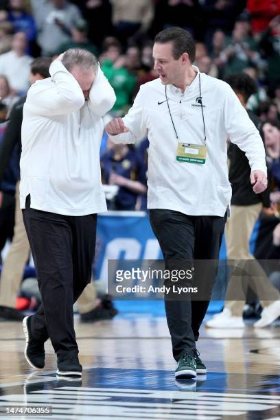 Head coach Tom Izzo of the Michigan State Spartans celebrates after defeating the Marquette Golden Eagles in the second round game of the NCAA Men's...