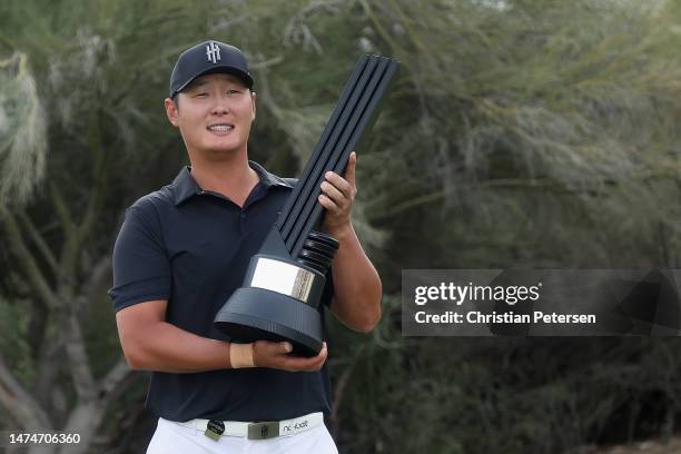 Overall individual winner; Danny Lee of Iron Heads GC poses with the trophy during Day Three of the LIV Golf Invitational - Tucson at The Gallery...