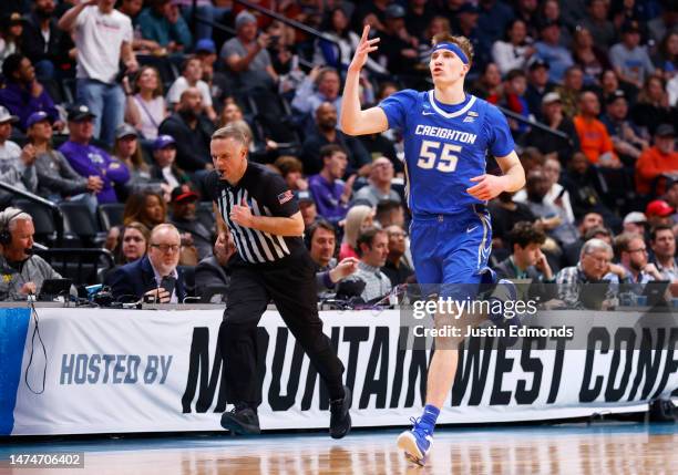 Baylor Scheierman of the Creighton Bluejays reacts after a three point basket during the first half against the Baylor Bears in the second round of...