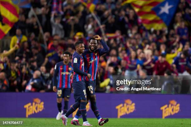 Franck Kessie of FC Barcelona celebrates with his teammate Ansu Fati of FC Barcelona after scoring his team's second goal during the LaLiga Santander...