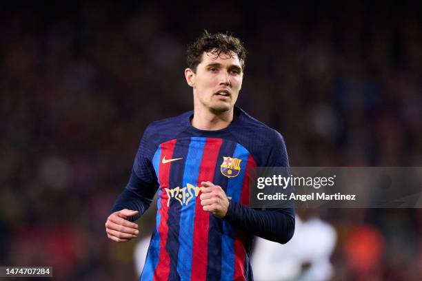Andreas Christensen of FC Barcelona reacts during the LaLiga Santander match between FC Barcelona and Real Madrid CF at Spotify Camp Nou on March 19,...