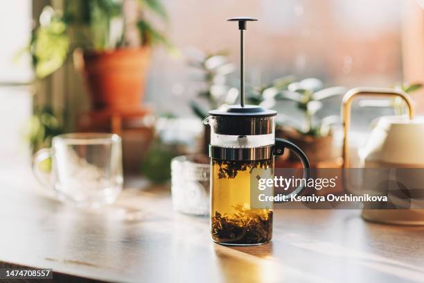 green tea with fresh mint leaves brewed in a french press on a white table by the window. - green tea stock pictures, royalty-free photos & images
