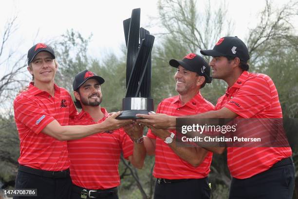 Overall team winners; Carlos Ortiz, Abraham Ancer, captain Sergio Garcia and Eugenio Chacarra of Fireballs GC pose with the trophy during Day Three...