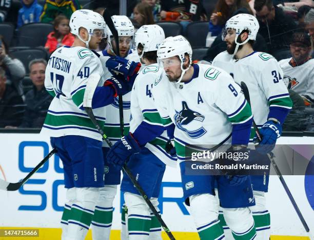 Miller of the Vancouver Canucks celebrates a goal against the Anaheim Ducks in the first period at Honda Center on March 19, 2023 in Anaheim,...