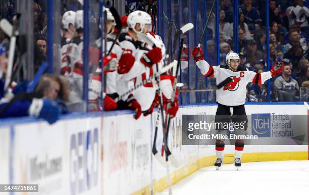 Nico Hischier of the New Jersey Devils celebrates a goal in the second period during a game against the Tampa Bay Lightning at Amalie Arena on March...