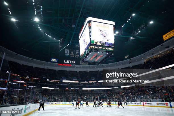 The opening face-off between the Vancouver Canucks and the Anaheim Ducks in the first period at Honda Center on March 19, 2023 in Anaheim, California.