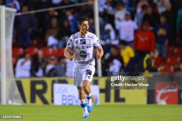 Rodrigo Lopez of Queretaro celebrates after scoring the team's first goal during the 12th round match between Queretaro and FC Juarez as part of the...