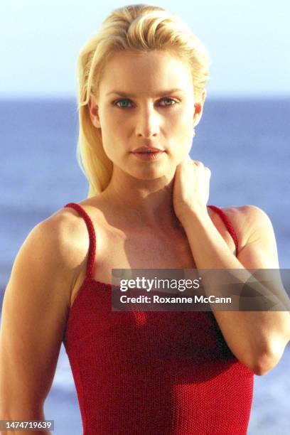 Award-winning actress Nicollette Sheridan poses for a photo overlooking the Pacific Ocean and the horizon at a beach house on January 20, 1998 in...
