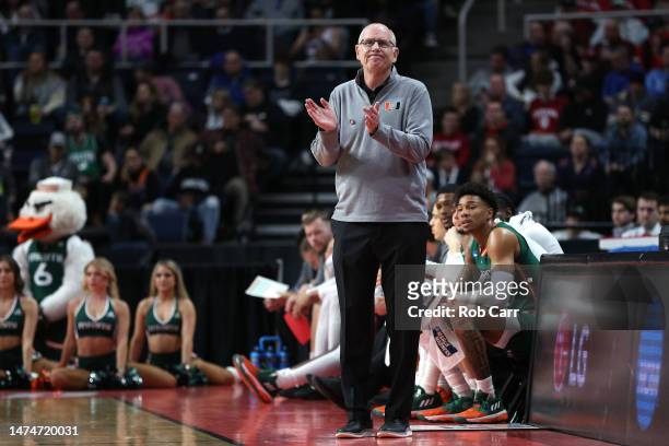 Head coach Jim Larranaga of the Miami Hurricanes reacts in the first half against the Indiana Hoosiers during the second round of the NCAA Men's...