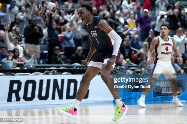 Joe Munden Jr. #1 of the Fairleigh Dickinson Knights celebrates a basket against the Florida Atlantic Owls during the second half in the second round...