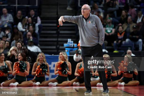 Head coach Jim Larranaga of the Miami Hurricanes reacts in the first half against the Indiana Hoosiers during the second round of the NCAA Men's...