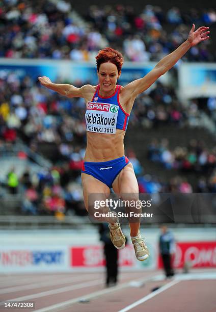 Jana Veldakova of Slovakia competes in the Women's Long Jump Final during day two of the 21st European Athletics Championships at the Olympic Stadium...