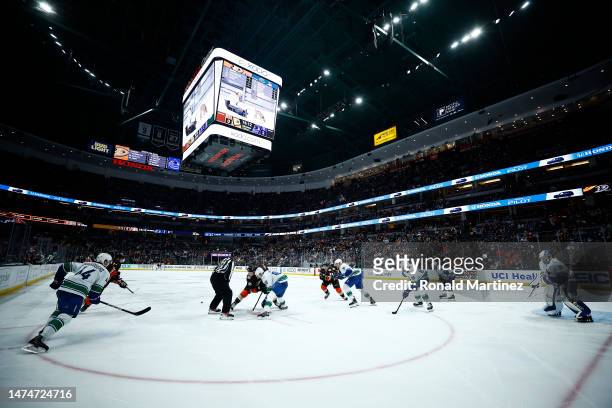 General view of play between the Vancouver Canucks and the Anaheim Ducks in the second period at Honda Center on March 19, 2023 in Anaheim,...