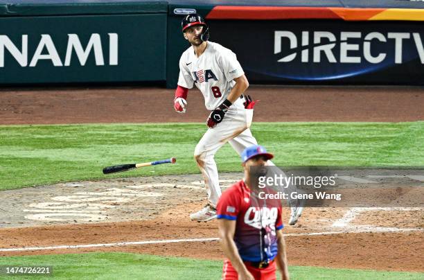 Trea Turner of Team USA hits a three run homerun In the bottom of the 6th inning during the World Baseball Classic Semifinals between Cuba and United...
