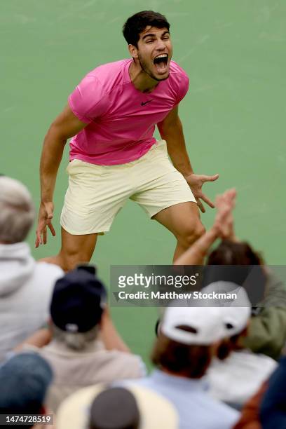 Carlos Alcaraz of Spain celebrates his win over Daniil Medvedev of Russia during the Men's Final of the BNP Paribas Open at the Indian Wells Tennis...