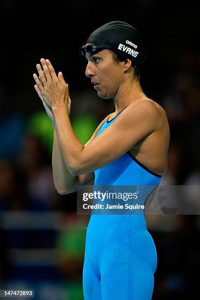 Janet Evans looks on prior to swimming in preliminary heat 3 of the Women's 800 m Freestyle during Day Six of the 2012 U.S. Olympic Swimming Team...