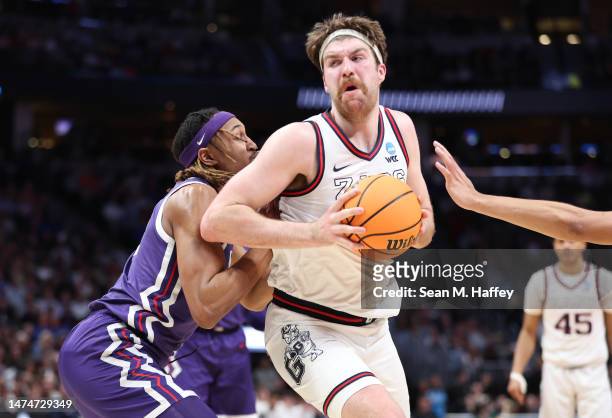 Drew Timme of the Gonzaga Bulldogs drives during the first half against the TCU Horned Frogs in the second round of the NCAA Men's Basketball...