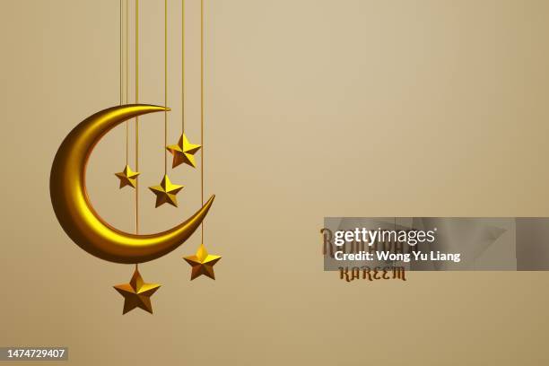 gold crescent moon with copy space, ramadan,  hari raya concept, 3d render - ramadan moon stockfoto's en -beelden