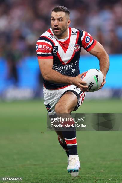 James Tedesco of the Roosters rusn the ball during the round three NRL match between Sydney Roosters and South Sydney Rabbitohs at Allianz Stadium on...