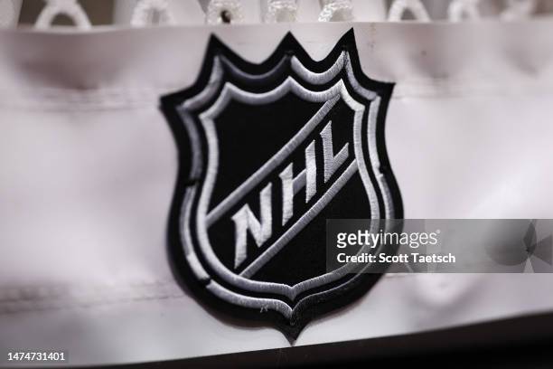View of the NHL logo on the net before the game between the Washington Capitals and the Buffalo Sabres at Capital One Arena on March 15, 2023 in...