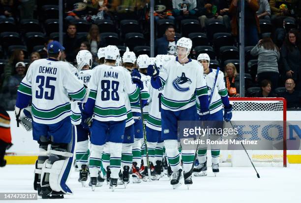 Tyler Myers of the Vancouver Canucks celebrates a 2-1 win against the Anaheim Ducks in the third period at Honda Center on March 19, 2023 in Anaheim,...