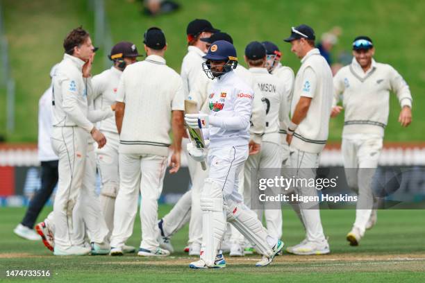 Dhananjaya De Silva of Sri Lanka leaves the field after being dismissed for 98 runs during day four of the Second Test Match between New Zealand and...