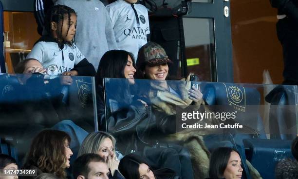 Kim Kardashian, Kendall Jenner, left Kim's son Saint West attend the Ligue 1 Uber Eats match between Paris Saint-Germain and Stade Rennais at Parc...