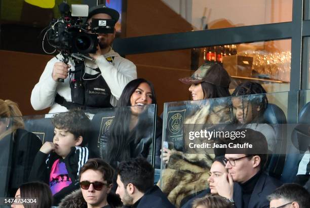 Kim Kardashian, Kendall Jenner, Kim's son Saint West attend the Ligue 1 Uber Eats match between Paris Saint-Germain and Stade Rennais at Parc des...