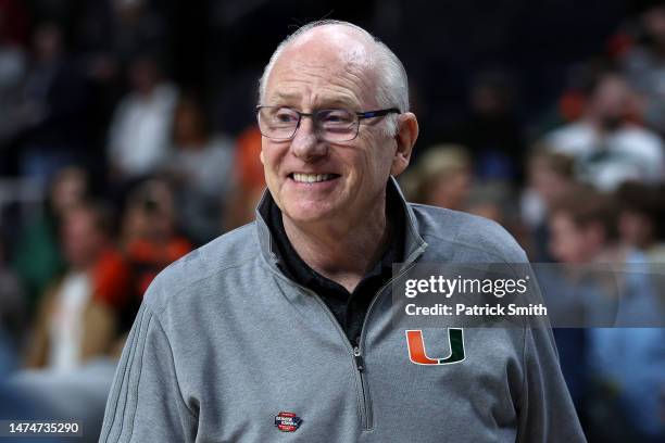 Head coach Jim Larranaga of the Miami Hurricanes smiles after defeating the Indiana Hoosiers during the second round of the NCAA Men's Basketball...