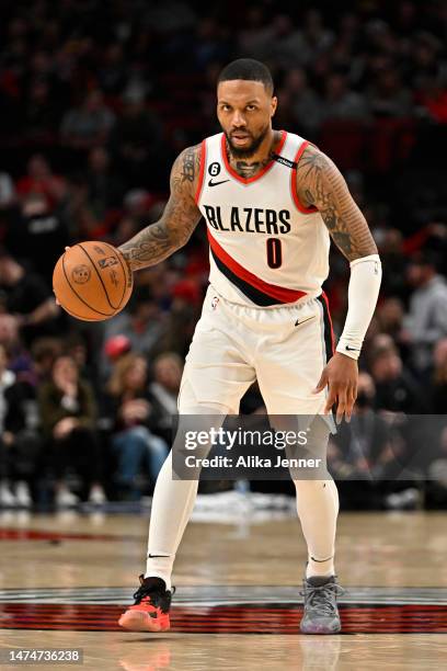 Damian Lillard of the Portland Trail Blazers in action during the third quarter against the LA Clippers at the Moda Center on March 19, 2023 in...