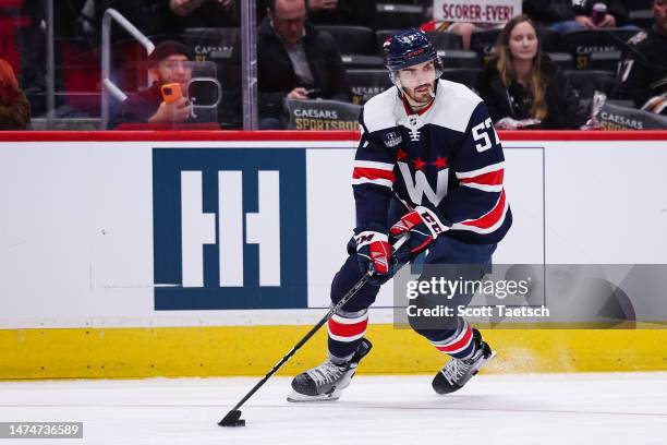 Trevor van Riemsdyk of the Washington Capitals skates with the puck against the Buffalo Sabres during the third period of the game at Capital One...