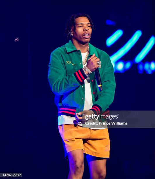 Rapper Lil Baby performs during "On Big Party Tour" at FLA Live Arena on March 17, 2023 in Sunrise, Florida.