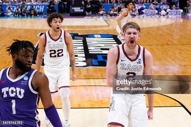 Drew Timme of the Gonzaga Bulldogs reacts after a basket during the second half against the TCU Horned Frogs in the second round of the NCAA Men's...