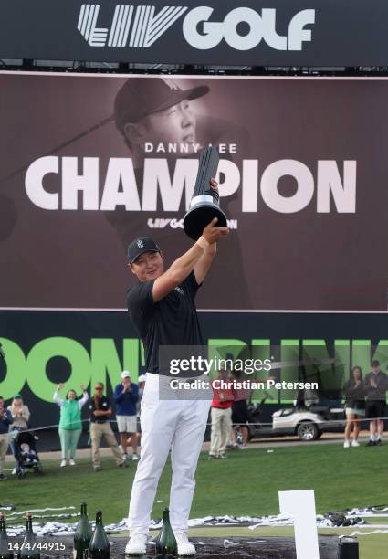 Overall individual winner; Danny Lee of Iron Heads GC celebrates with the trophy during Day Three of the LIV Golf Invitational - Tucson at The...