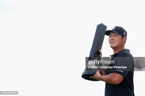 Overall individual winner; Danny Lee of Iron Heads GC poses with the trophy during Day Three of the LIV Golf Invitational - Tucson at The Gallery...