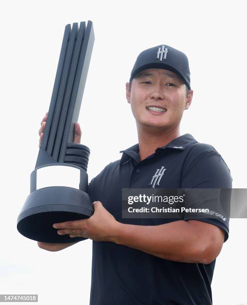 Overall individual winner; Danny Lee of Iron Heads GC poses with the trophy during Day Three of the LIV Golf Invitational - Tucson at The Gallery...