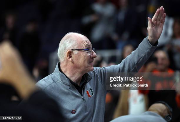 Head coach Jim Larranaga of the Miami Hurricanes reacts after defeating the Indiana Hoosiers during the second round of the NCAA Men's Basketball...