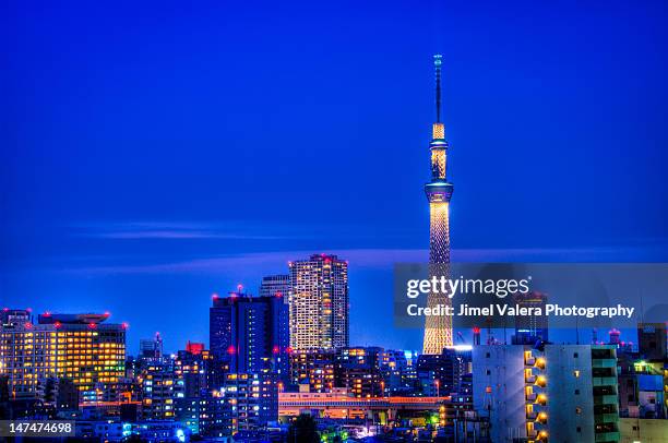 tokyo tower with beautiful light - tokyo sky tree stock-fotos und bilder