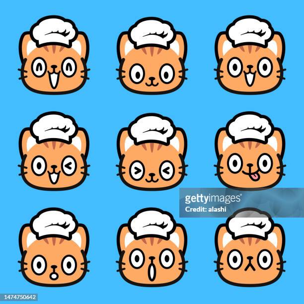 illustrazioni stock, clip art, cartoni animati e icone di tendenza di icona di espressione facciale carina del piccolo gatto che indossa un cappello da cuoco - cat food