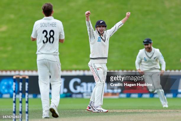 Tom Latham of New Zealand celebrates the win during day four of the Second Test Match between New Zealand and Sri Lanka at Basin Reserve on March 20,...
