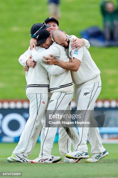 To R, Kane Williamson, Devon Conway, Michael Bracewell and Daryl Mitchell celebrate the win during day four of the Second Test Match between New...